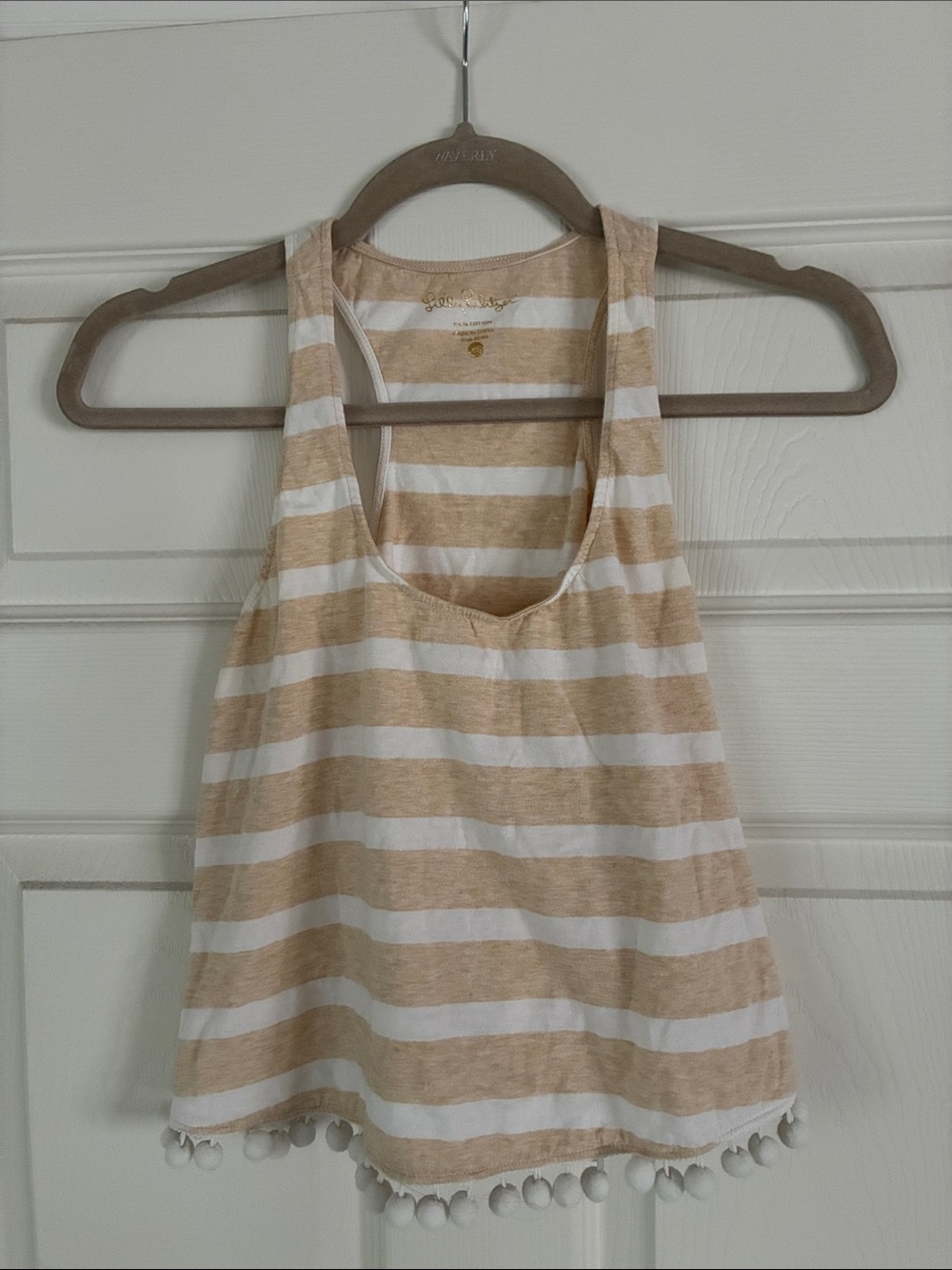 Lilly Pulitzer Beige and White Striped Pom Trim Tank Top